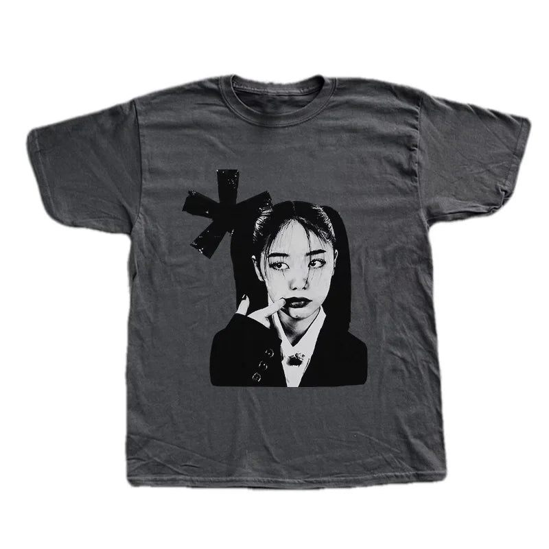 Unisex Y2K graphic print T-shirt from PressureDen.store, featuring bold hip hop and Harajuku style short sleeve streetwear.