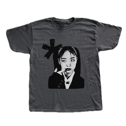 Unisex Y2K graphic print T-shirt from PressureDen.store, featuring bold hip hop and Harajuku style short sleeve streetwear.