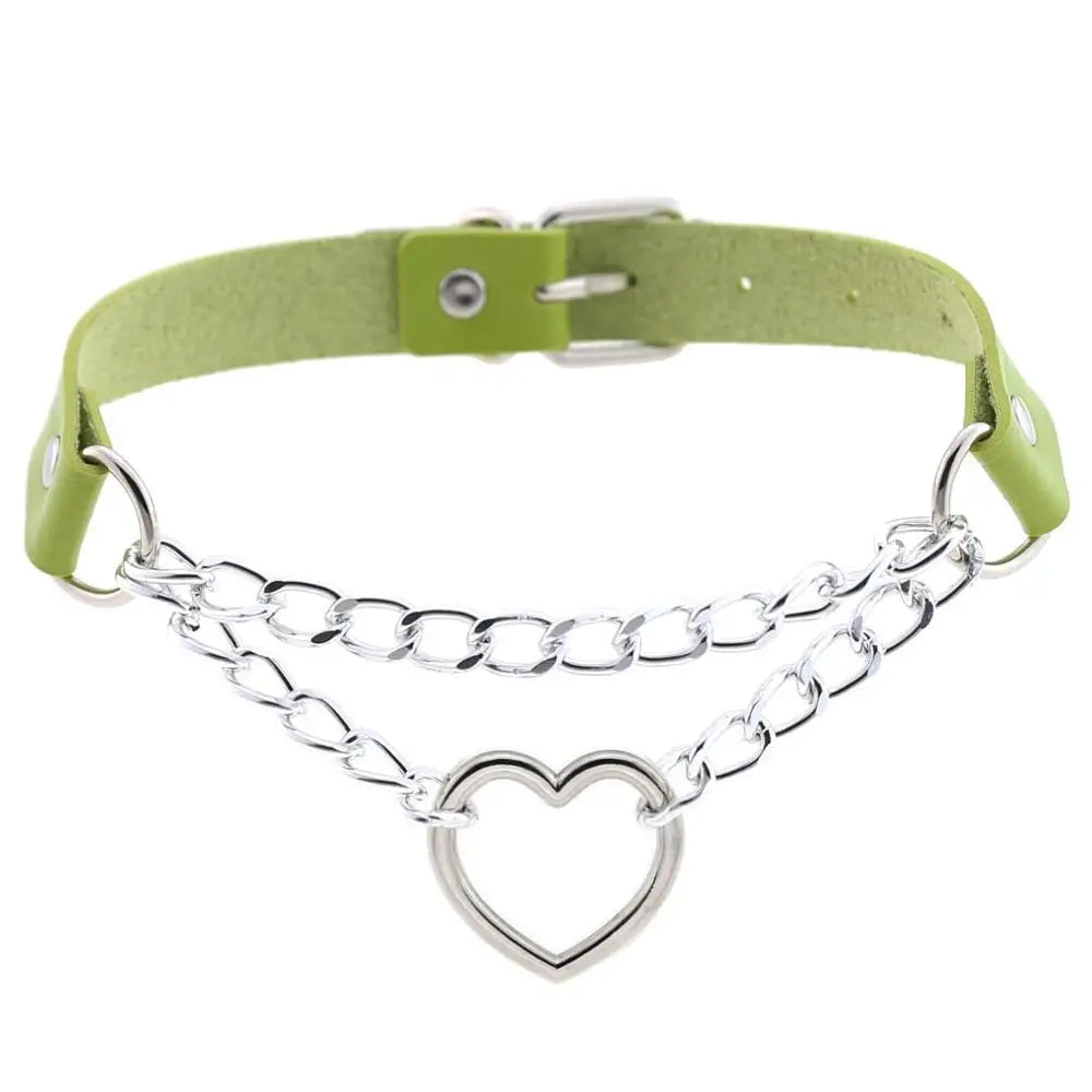 Black leather Gothic heart choker necklace with chain detail, ideal for punk and emo fashion styles.