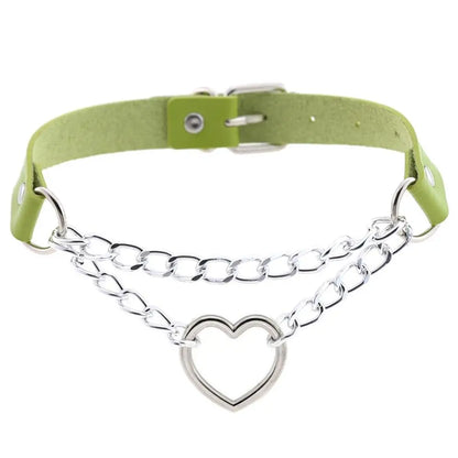 Black leather Gothic heart choker necklace with chain detail, ideal for punk and emo fashion styles.