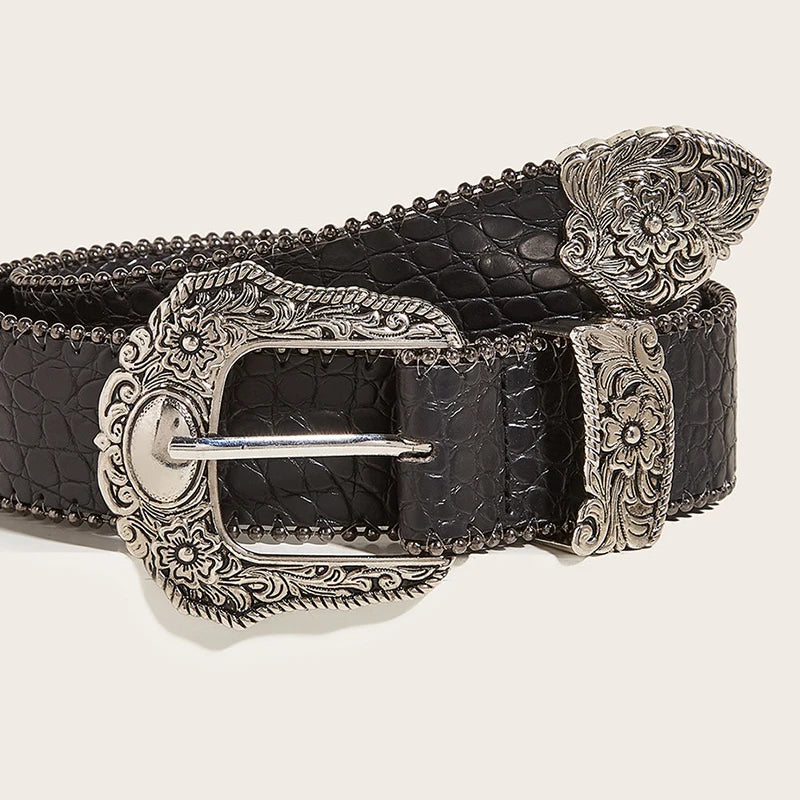 Luxury unisex goth Y2K jeans belt by PressureDen.store, black punk accessory with 3.8cm waistband for men and women, boho style.