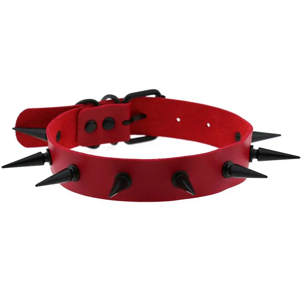 Black vegan leather choker necklace with metal spikes, ideal for goth, witch, and cosplay fashion enthusiasts.