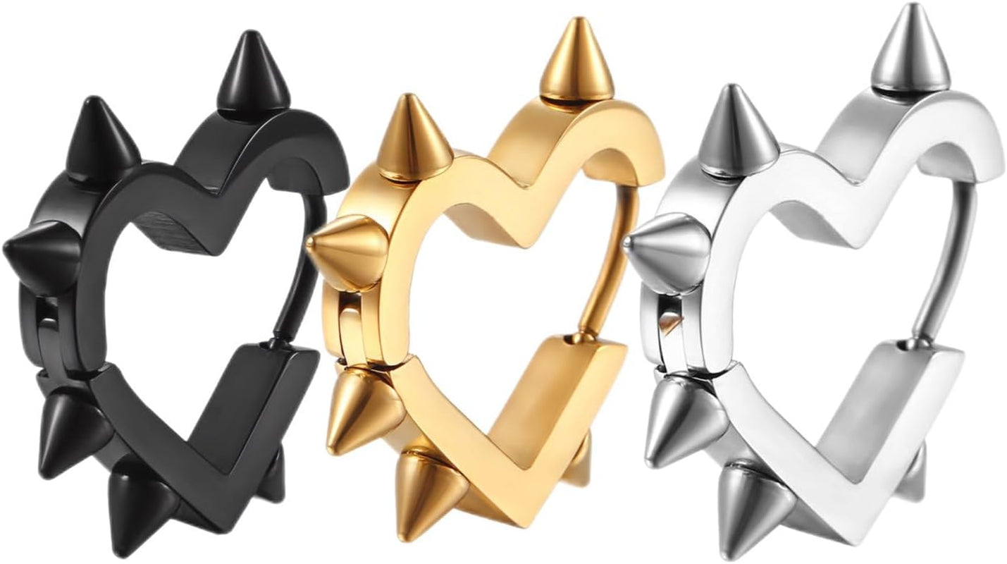 Gothic Heart Earrings,Huggie Hoop Spike Punk Grunge Emo Y2K Earrings Christmas Goth Jewelry Gift for Women