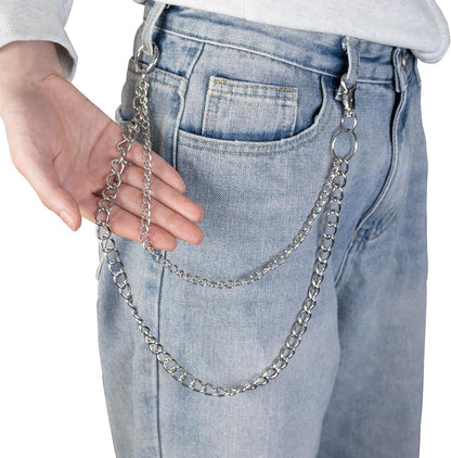 Silver pants chain for men and women by WXCATIM, hip hop style wallet chain with lobster claw clasp, fashionable accessory for clothing.