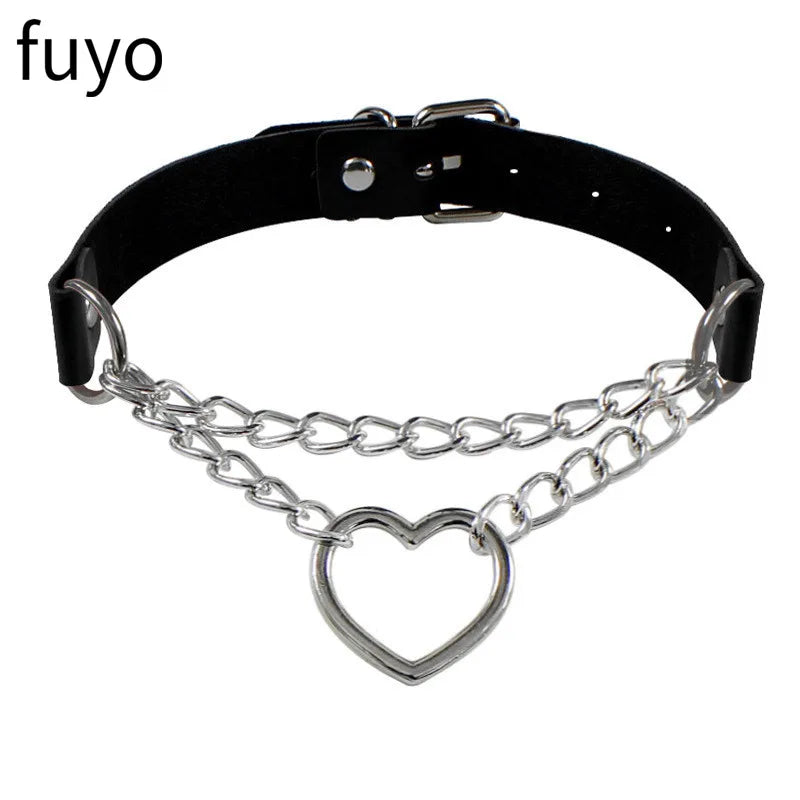 New Goth Choker Necklace Men Punk Rock Heart Geometry PU Necklace for Women Choker Gothic Bondage Goth Chocker Neck Jewelry