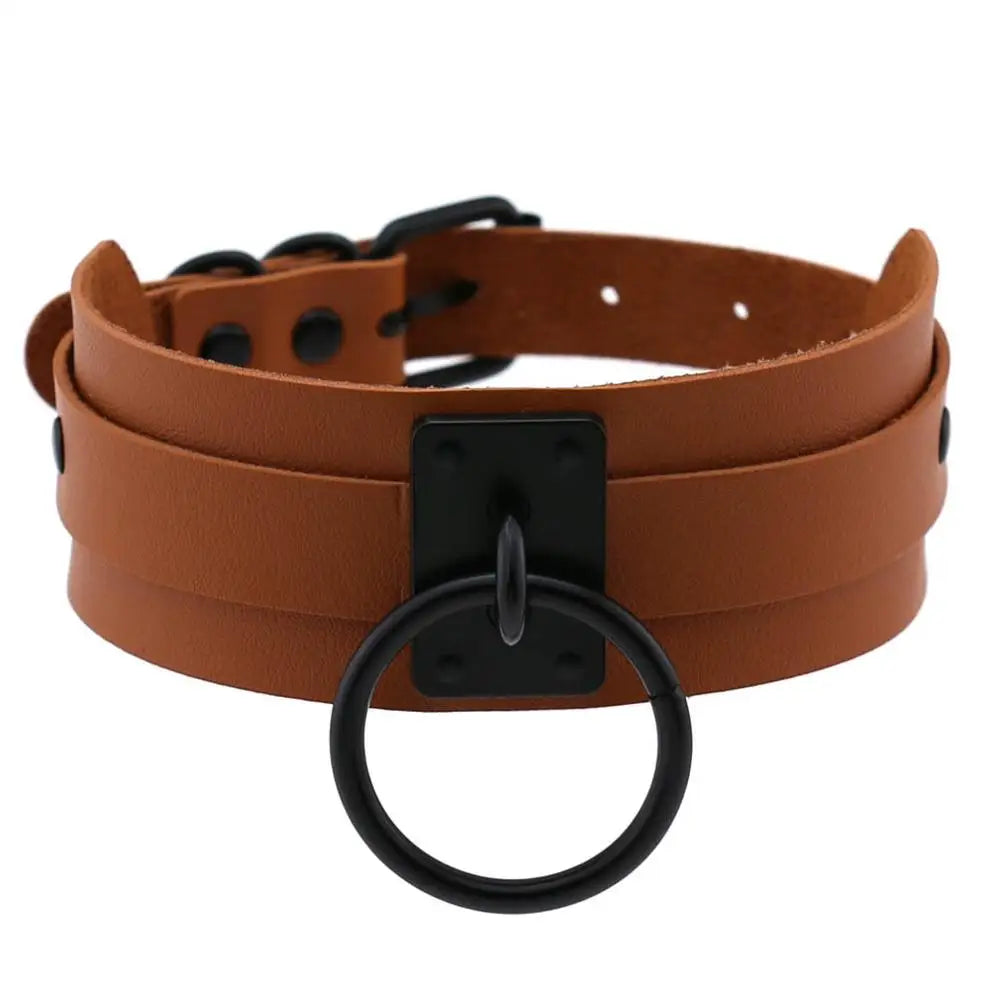 Black gothic punk O-ring leather choker necklace with metal accents, ideal for women and girls, in emo rock fashion style.