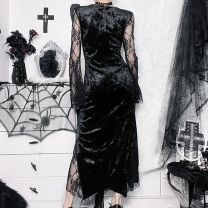 Velvet midi dress with lace splice, elegant gothic evening attire, featuring a chic design perfect for stylish goth or e-girl fashion.