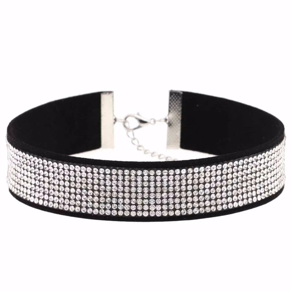 Trendy Harajuku crystal choker necklace with gothic black PU leather collar, perfect for punk fashion enthusiasts.