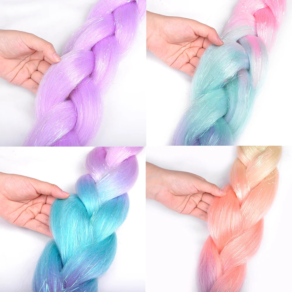 Rainbow Ombre Jumbo Braid Hair Glitter Tinsel Extensions - Sparkle Up Your Festival Look!