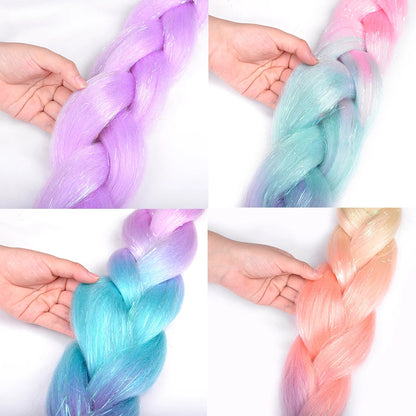 Rainbow Ombre Jumbo Braid Hair Glitter Tinsel Extensions - Sparkle Up Your Festival Look!