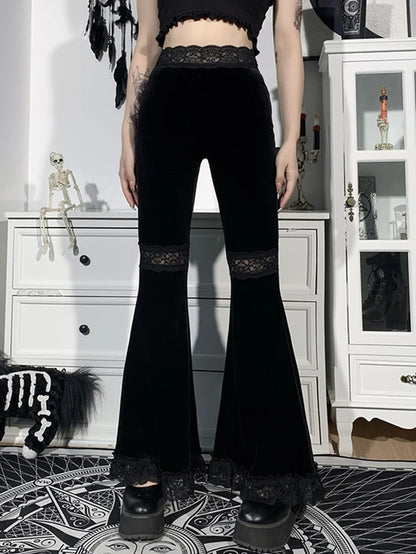 Dark black velvet Harajuku punk flare pants with lace patchwork and hollow out details, featuring edgy gothic style.