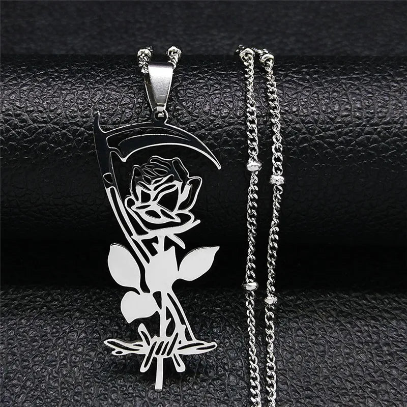 Goth Sickle Rose Flower Necklace for Women Men Stainless Steel Black Color Gothic Chain Aesthetic Jewelry Colier Femme N3834S02