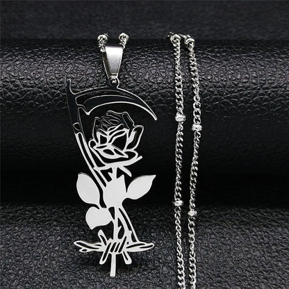 Goth Sickle Rose Flower Necklace for Women Men Stainless Steel Black Color Gothic Chain Aesthetic Jewelry Colier Femme N3834S02