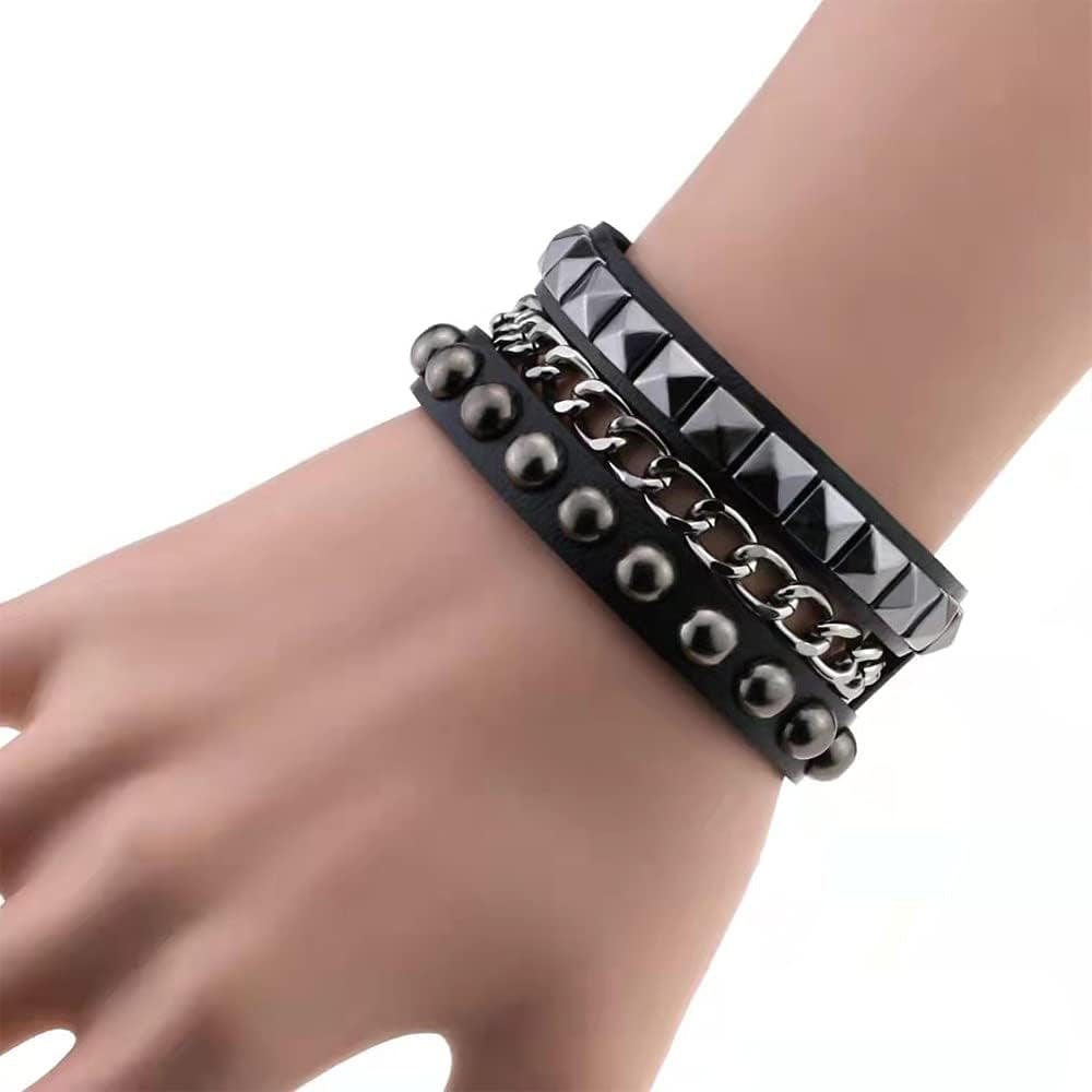 BaBakiak punk leather bracelet with metal studs, edgy goth wristband for men and women, stylish and versatile accessory.