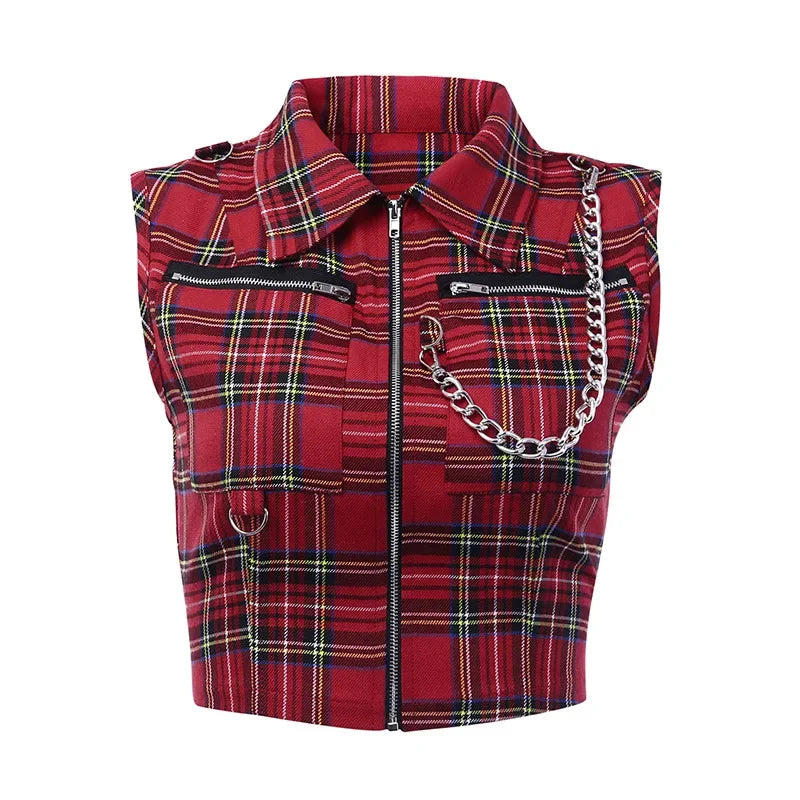 Gothic plaid crop top with zipper chain detail, trendy punk streetwear for women, from PressureDen.store