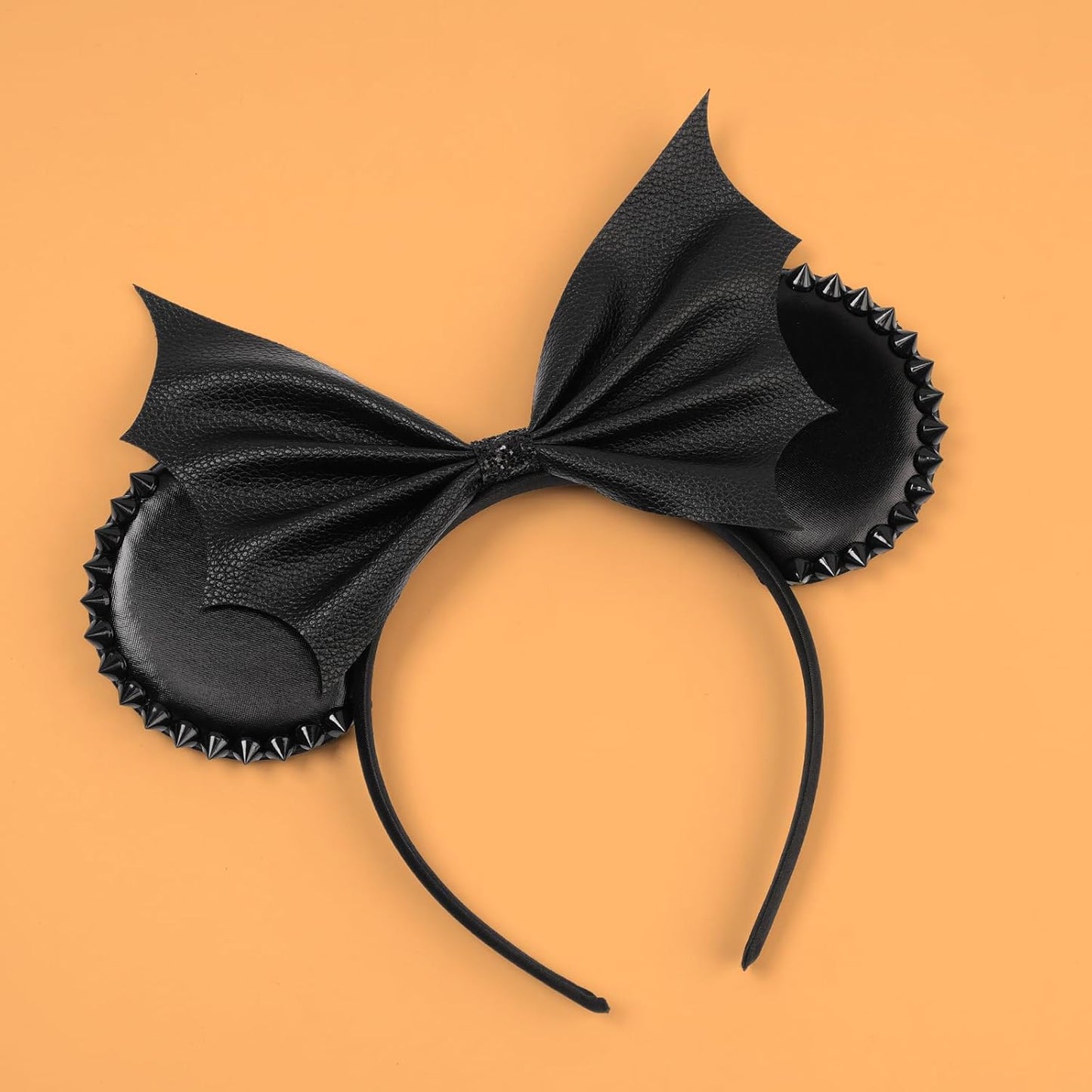 Bianbai Black Faux Leather Mouse Ear Headband with Bat - Wing Bow & Spiked Accents - Goth - Punk Halloween, Cosplay & Theme Park Essential