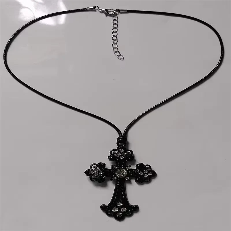 Rhinestone cross choker necklace with spiral design, goth punk jewelry for women, featuring sparkling rhinestones and bold style.