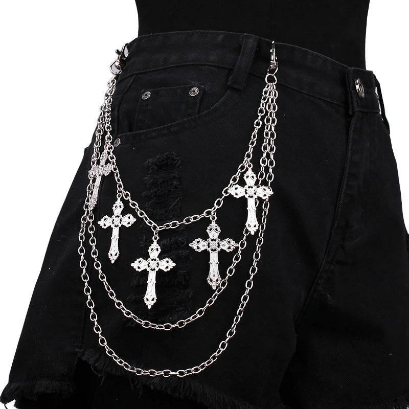 Layered punk spike and chain keychains for men and women, featuring edgy biker style and goth accessories on metal keyring.