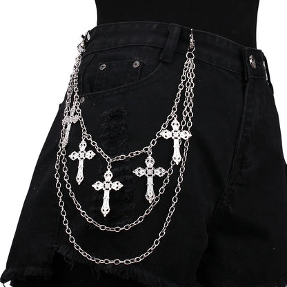Layered punk spike and chain keychains for men and women, featuring edgy biker style and goth accessories on metal keyring.