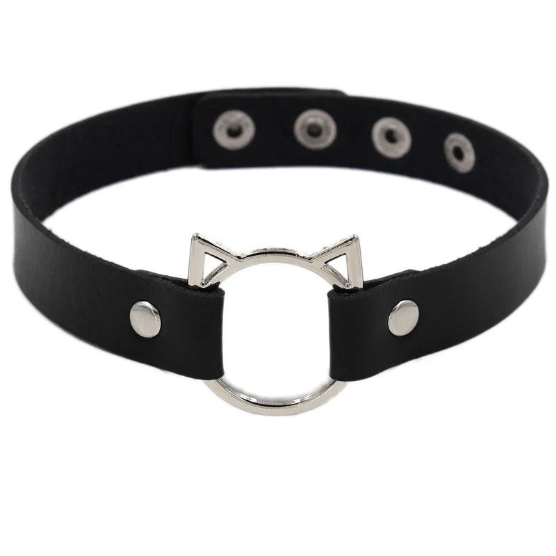 Black leather choker necklace with spiked embellishments, gothic punk style, perfect for parties and festivals.