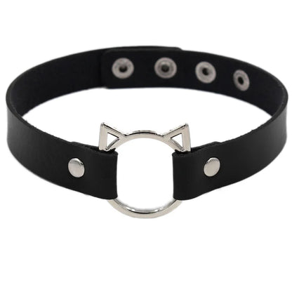 Black leather choker necklace with spiked embellishments, gothic punk style, perfect for parties and festivals.