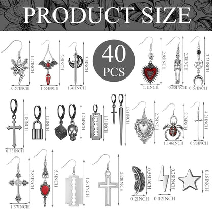 40 Pairs Gothic Earrings Set for Women Men Punk Grunge Y2K Dangle Earrings Bat Cross Snake Skull Goth Jewelry Set