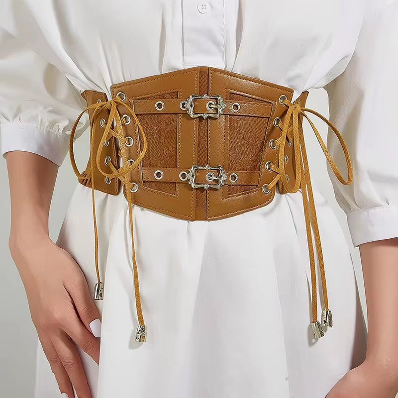 Plus size elastic lace corset belt for women, wide stretch goth punk cummerbund in brown and white, stylish fashion accessory