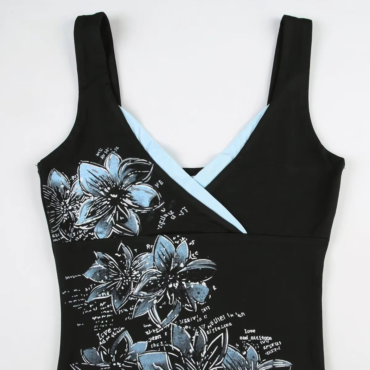 Black printed suspender vest for women, Y2K goth slim V-neck top with retro American style from PressureDen.store.