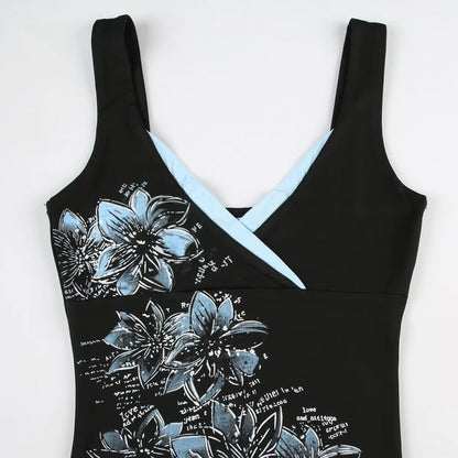 Black printed suspender vest for women, Y2K goth slim V-neck top with retro American style from PressureDen.store.