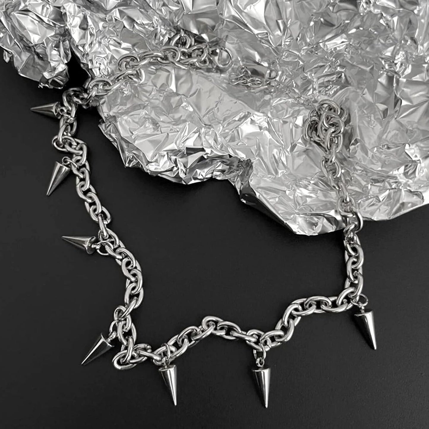 Tosmifairy punk rock stainless steel choker necklace with spikes, 7-piece Y2K goth jewelry set featuring edgy, bold design.