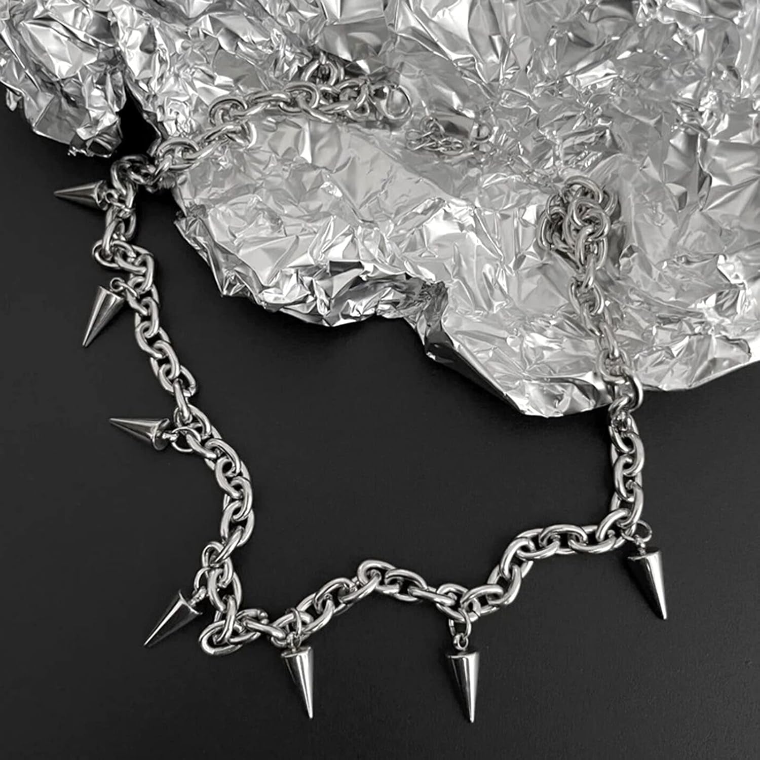Tosmifairy punk rock stainless steel choker necklace with spikes, 7-piece Y2K goth jewelry set featuring edgy, bold design.
