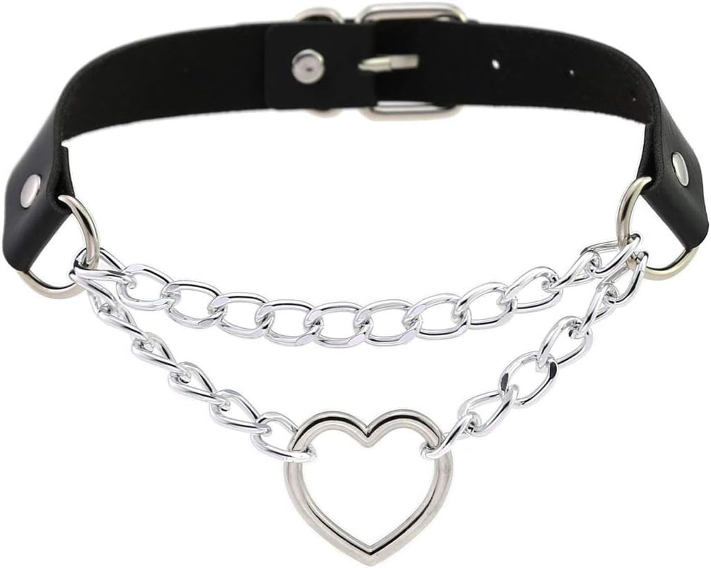 Eylun Women's Heart Leather Choker Necklace with Gothic punk rock style pendant, black leather band with heart-shaped charm