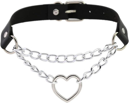 Eylun Women's Heart Leather Choker Necklace with Gothic punk rock style pendant, black leather band with heart-shaped charm