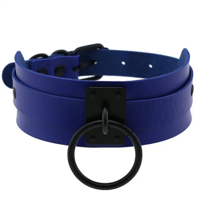 Gothic punk black leather choker necklace with metal O-ring, suitable for women and girls, in emo rock fashion style.
