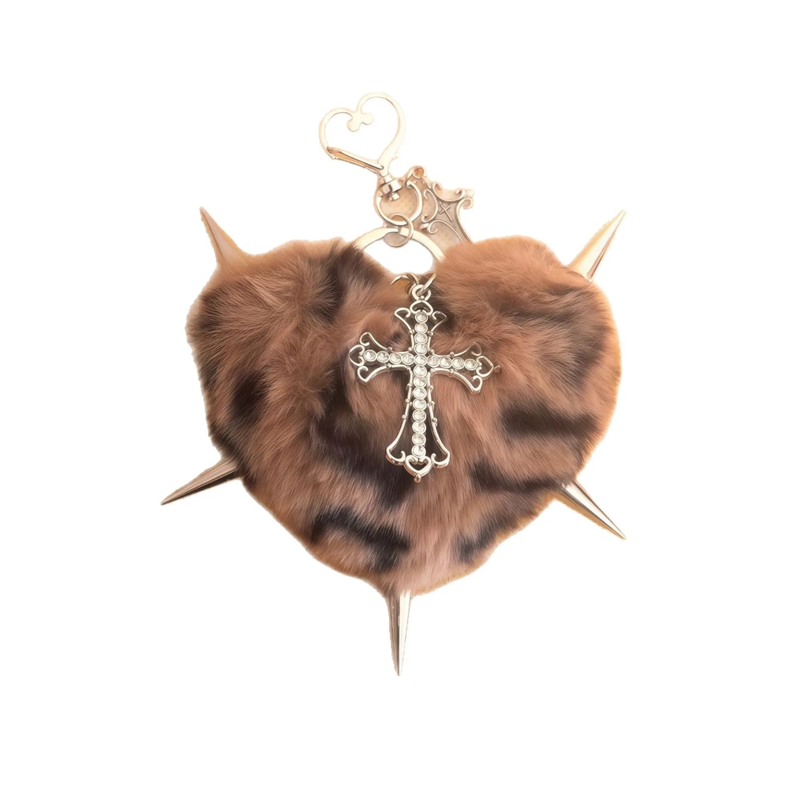 Punk leopard print rivet cross keychain with heart charm, grunge rock style accessory for goth and bag decoration.