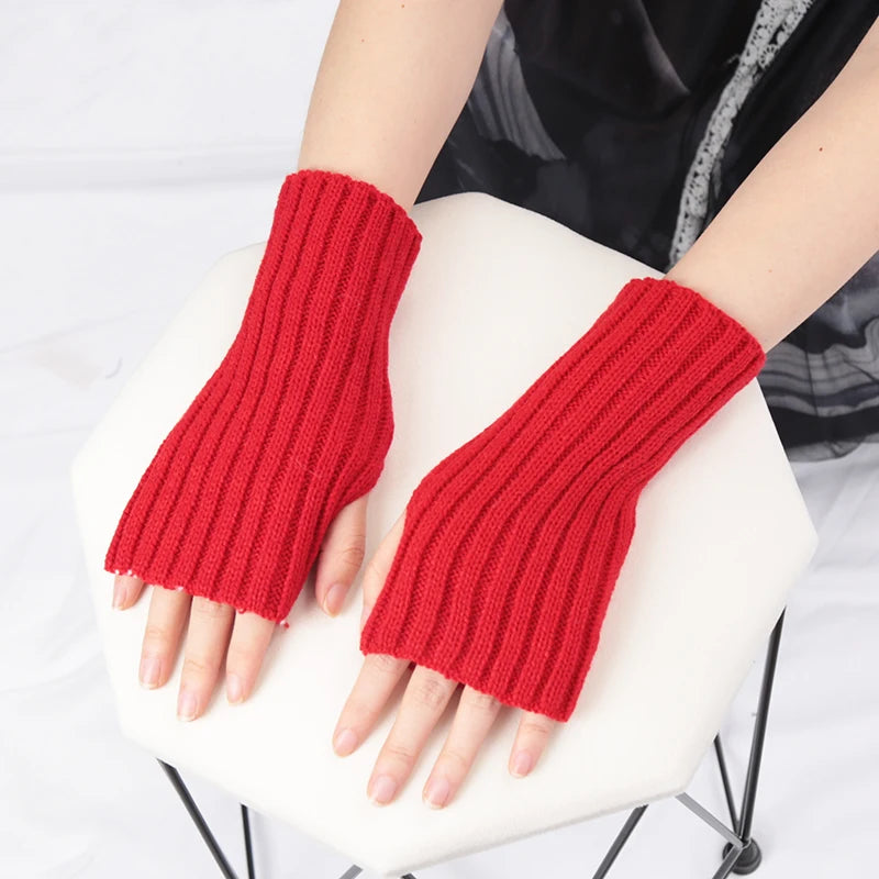 Kawaii crochet fingerless winter gloves for women, stylish goth lolita arm warmers with a trendy, cozy design.