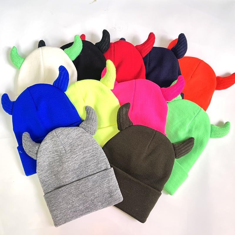 Y2K devil horn beanie by ZITEZHGO featuring black knit fabric with red devil horns, ideal for Halloween emo goth fashion.