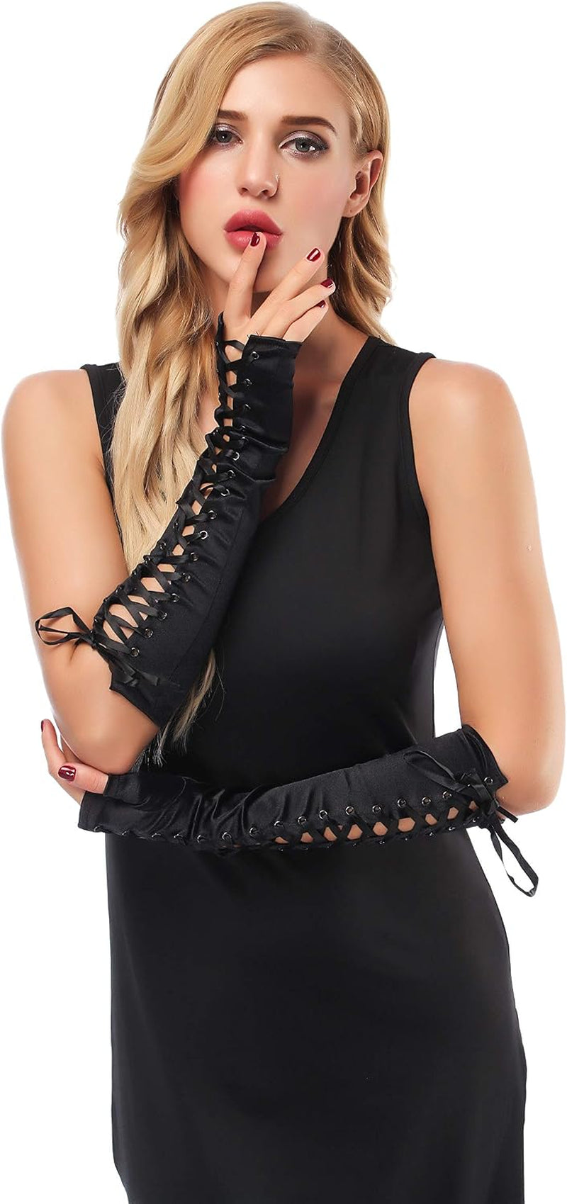 JISEN women's steampunk fingerless lace-up elbow gloves, stylish arm warmers with lace-up design, for costume and fashion accessories.