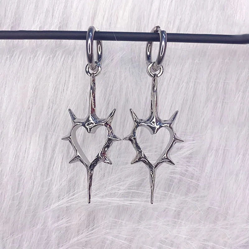 Gothic thorn heart cross earrings for women featuring punk grunge style, made by PressureDen.store, with dark metal design.