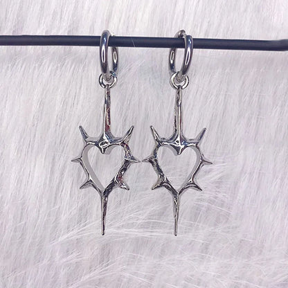 Gothic thorn heart cross earrings for women featuring punk grunge style, made by PressureDen.store, with dark metal design.