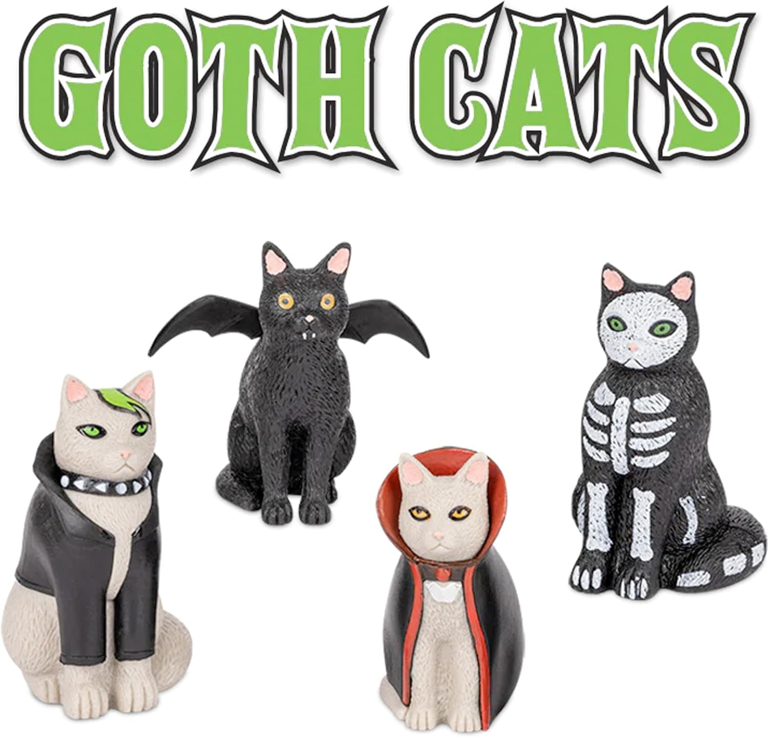 Archie Mcphee Mini Figure Funny and Novelty: Goth Cats Rule the Night - Set of Four Mysteriously Adorable Vinyl Punk Skeleton Vampire and Bat Attired Kitties