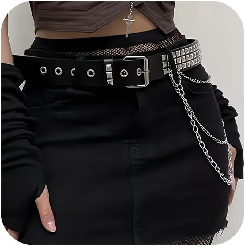 QWALIT women's punk chain belt with leather strap, perfect for goth and rave fashion accessories, featuring metal chain details.