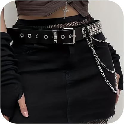 QWALIT women's punk chain belt with leather strap, perfect for goth and rave fashion accessories, featuring metal chain details.