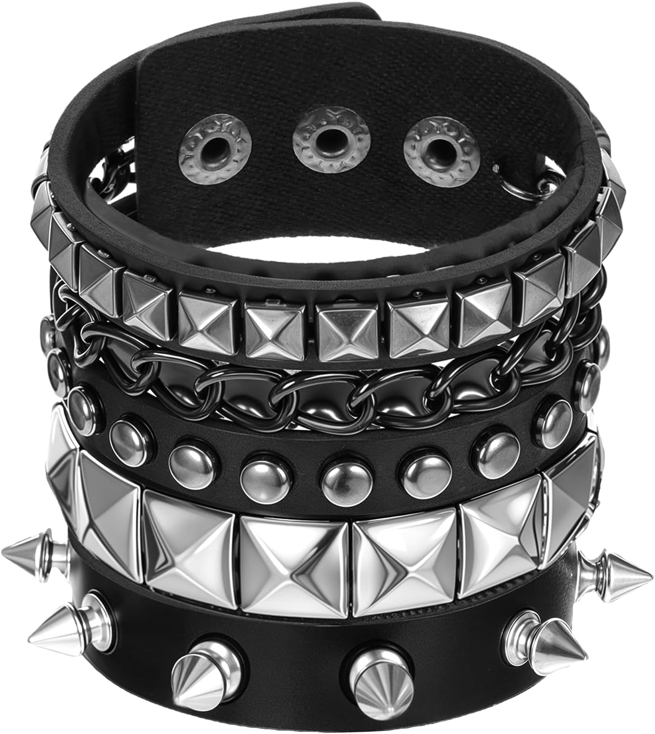 YUXIANLB edgy 3-piece punk rock studded bracelet set with adjustable spiked cuffs, perfect for emo and goth style accessories.