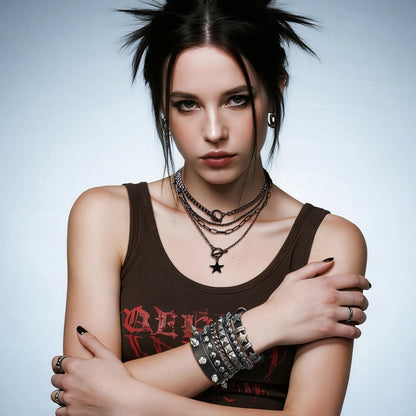 Fscwlmon layered star grunge emo bracelet and necklace set with goth punk accessories for Y2K style lovers, featuring star and grunge designs.
