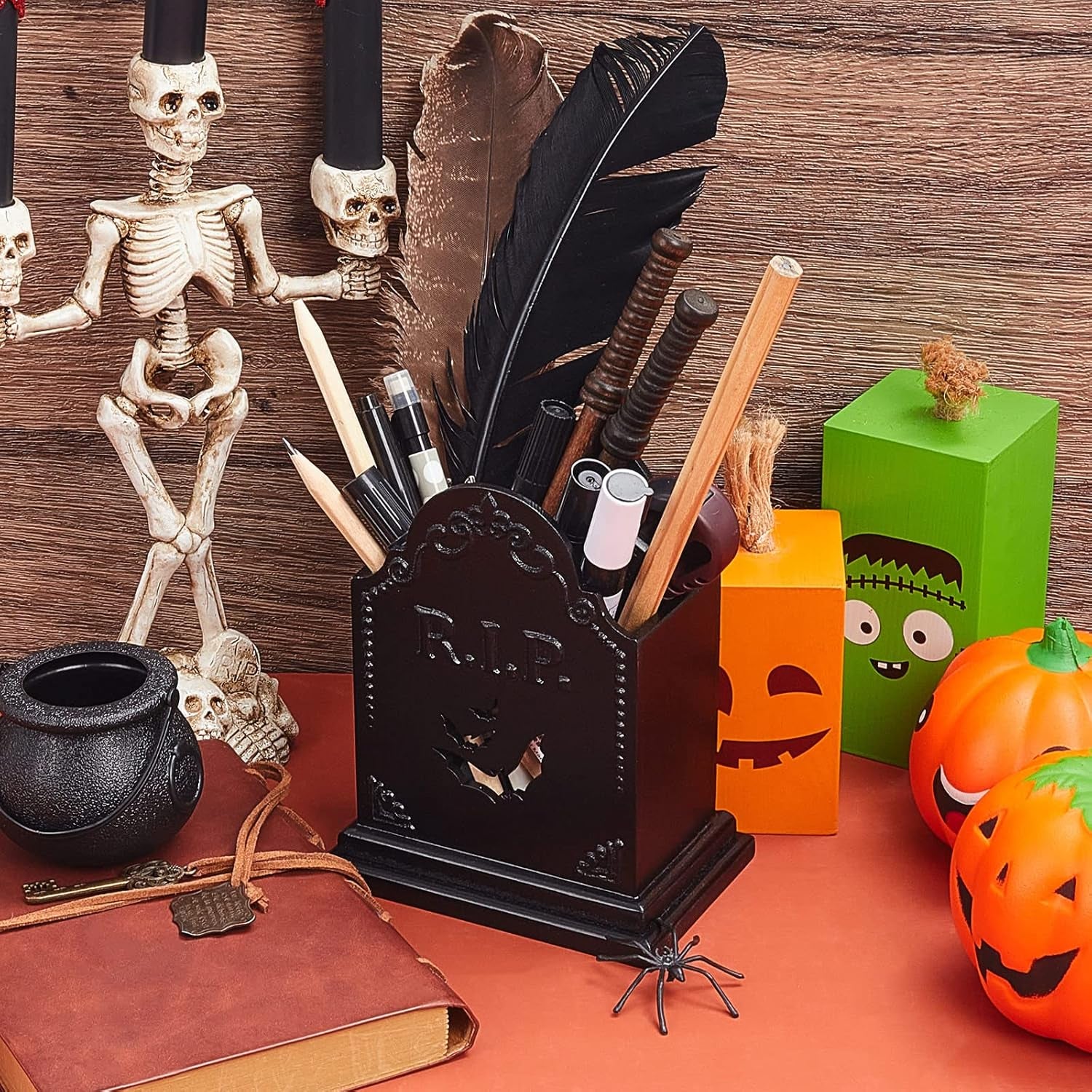 Gothic Tombstone Makeup Brush Holder, Wooden Spooky Pen Holder Goth Desk Accessories for Halloween Witchy Home Office Bathroom Decor, Gothic Gifts for Women Vanity Organizer
