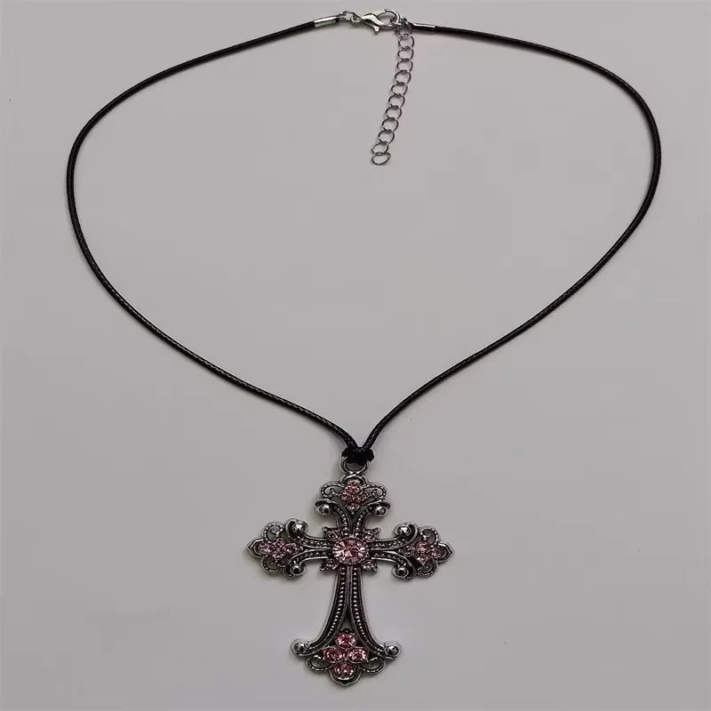 Rhinestone cross choker necklace with spiral design, goth punk style jewelry for women, featuring sparkling rhinestones and edgy fashion.