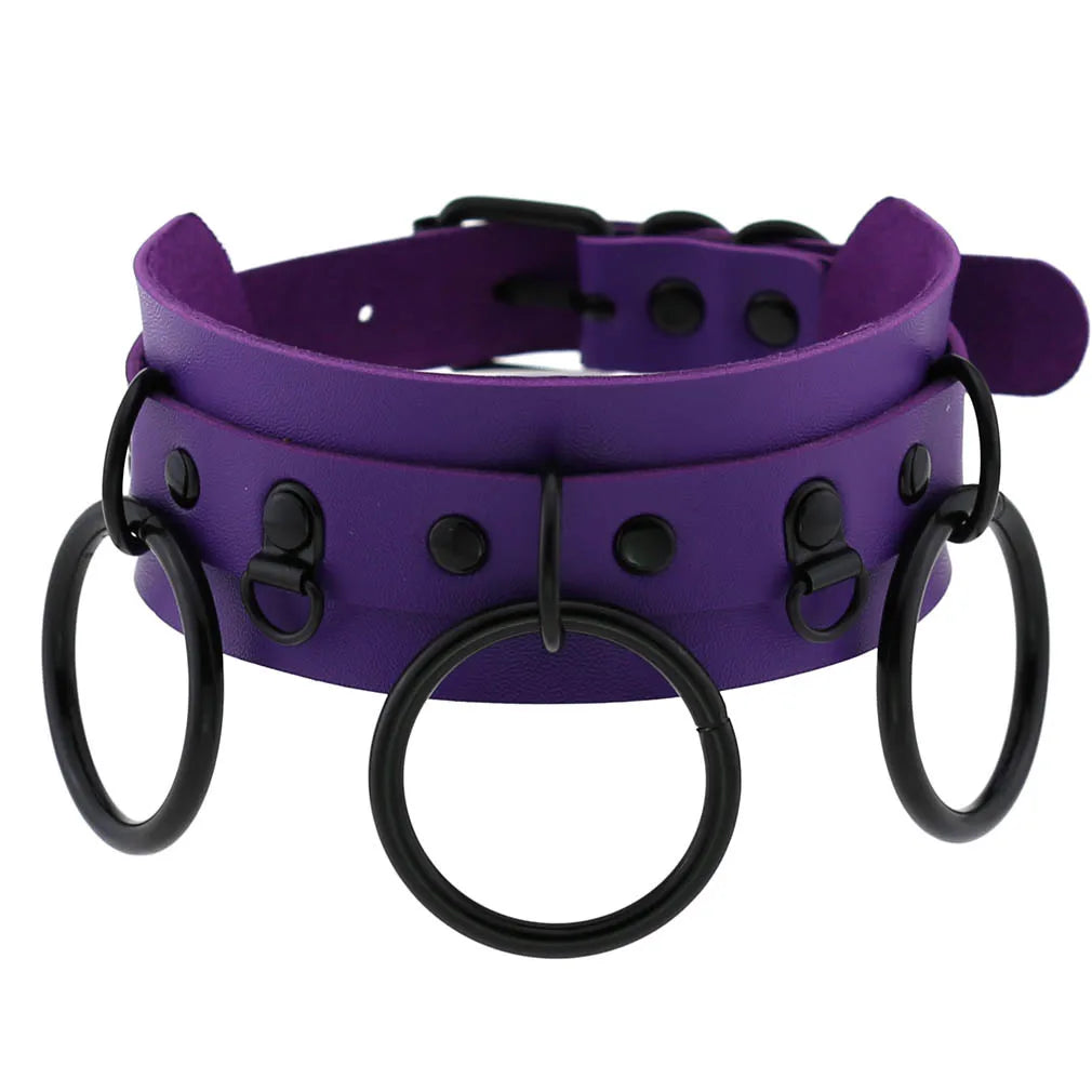 Purple goth punk leather choker necklace with black rivets and metal chain, unisex edgy emo harajuku style accessory.