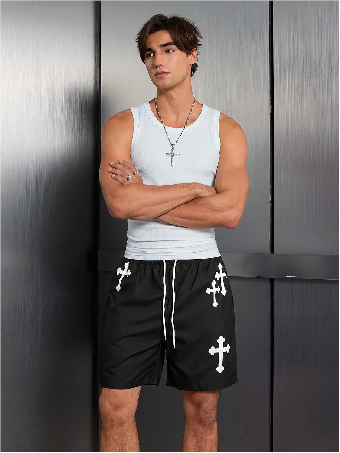 Men's Goth Cross graphic workout shorts by VIPWOLF featuring a black design, drawstring waist, and athletic fit for running and training.