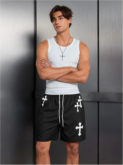 Men's Goth Cross graphic workout shorts by VIPWOLF featuring a black design, drawstring waist, and athletic fit for running and training.